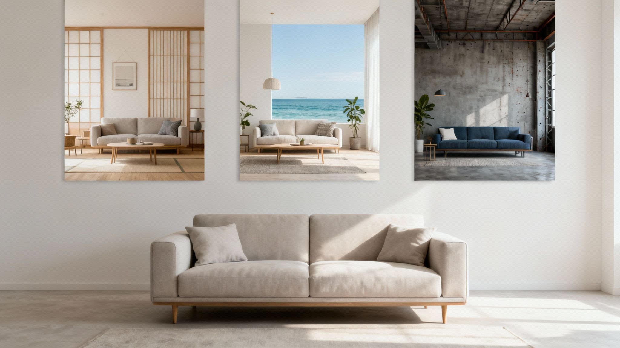 A beige sofa in a modern room, with three framed pictures showcasing diverse interior designs.