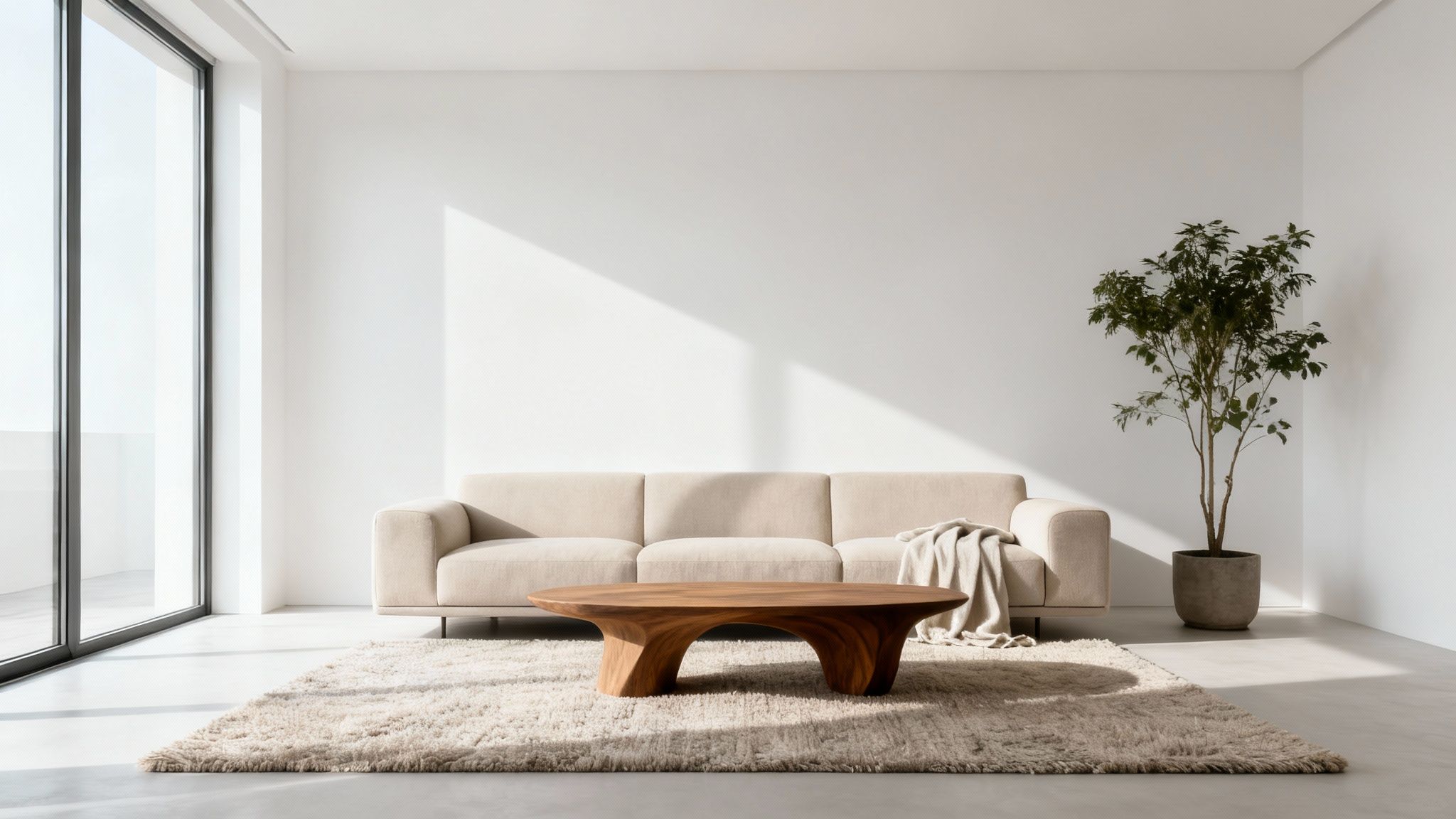 A minimalist modern living room with a beige sofa, unique wooden coffee table, and a large plant.