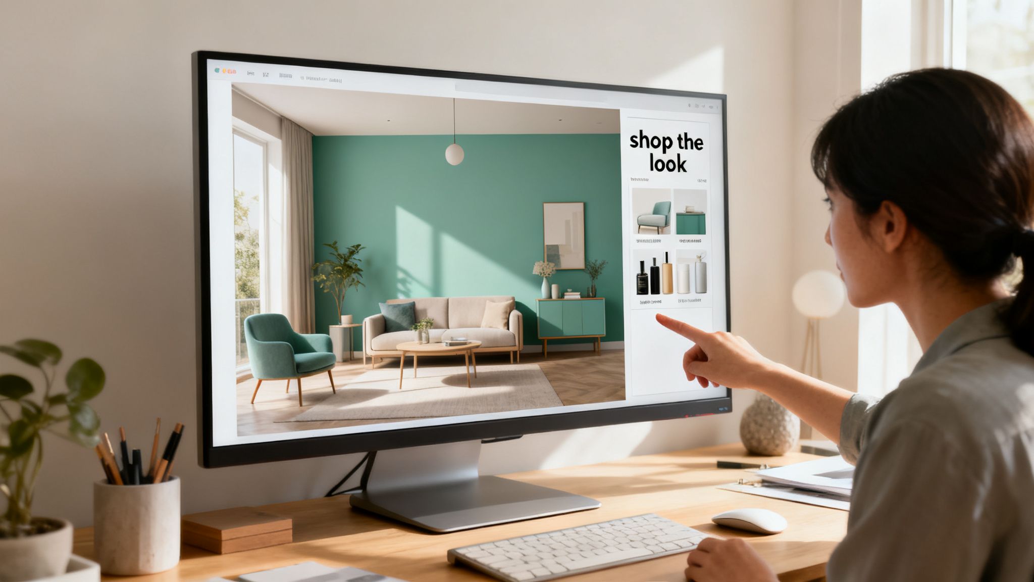 Woman pointing at a computer screen showcasing a modern living room with teal walls and shop-the-look options.