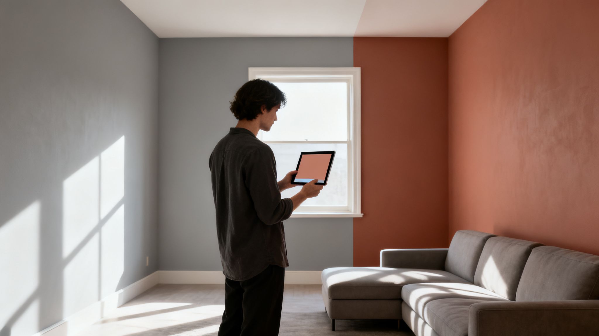 Young man holds a tablet, comparing paint colors on a wall in a sunlit room.