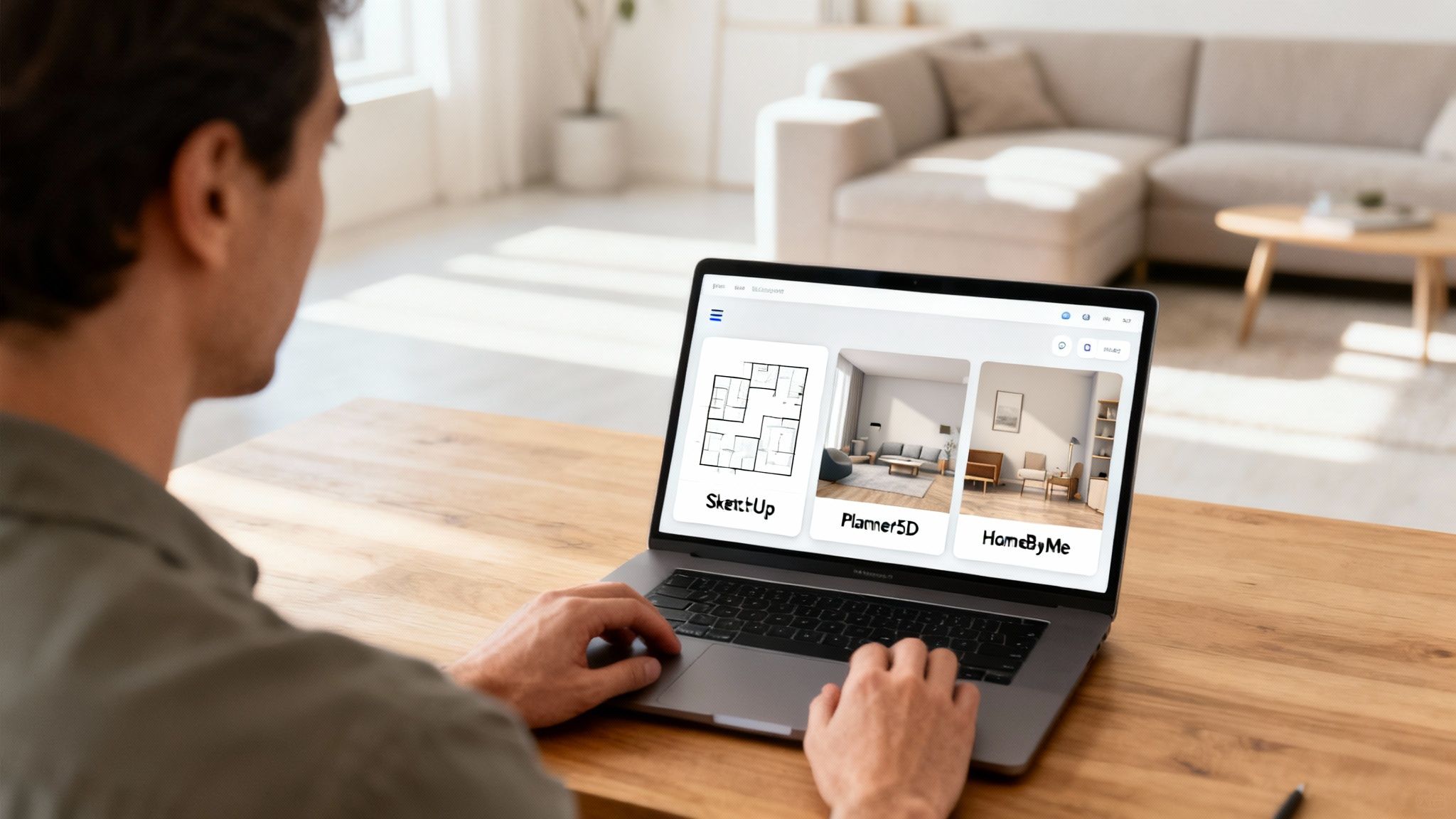 A man is intently using a laptop to view different interior design software options for home planning.