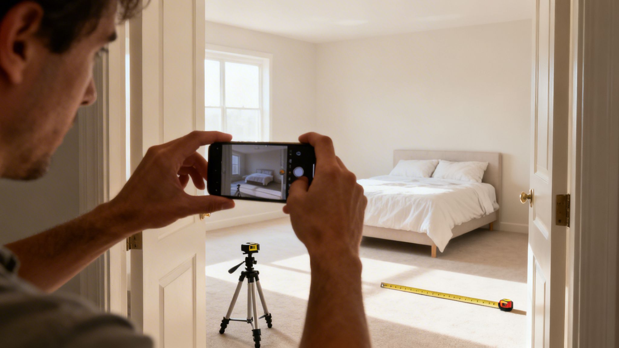 A man photographs a bedroom with his smartphone, using a laser measurer and tape for virtual interior design.