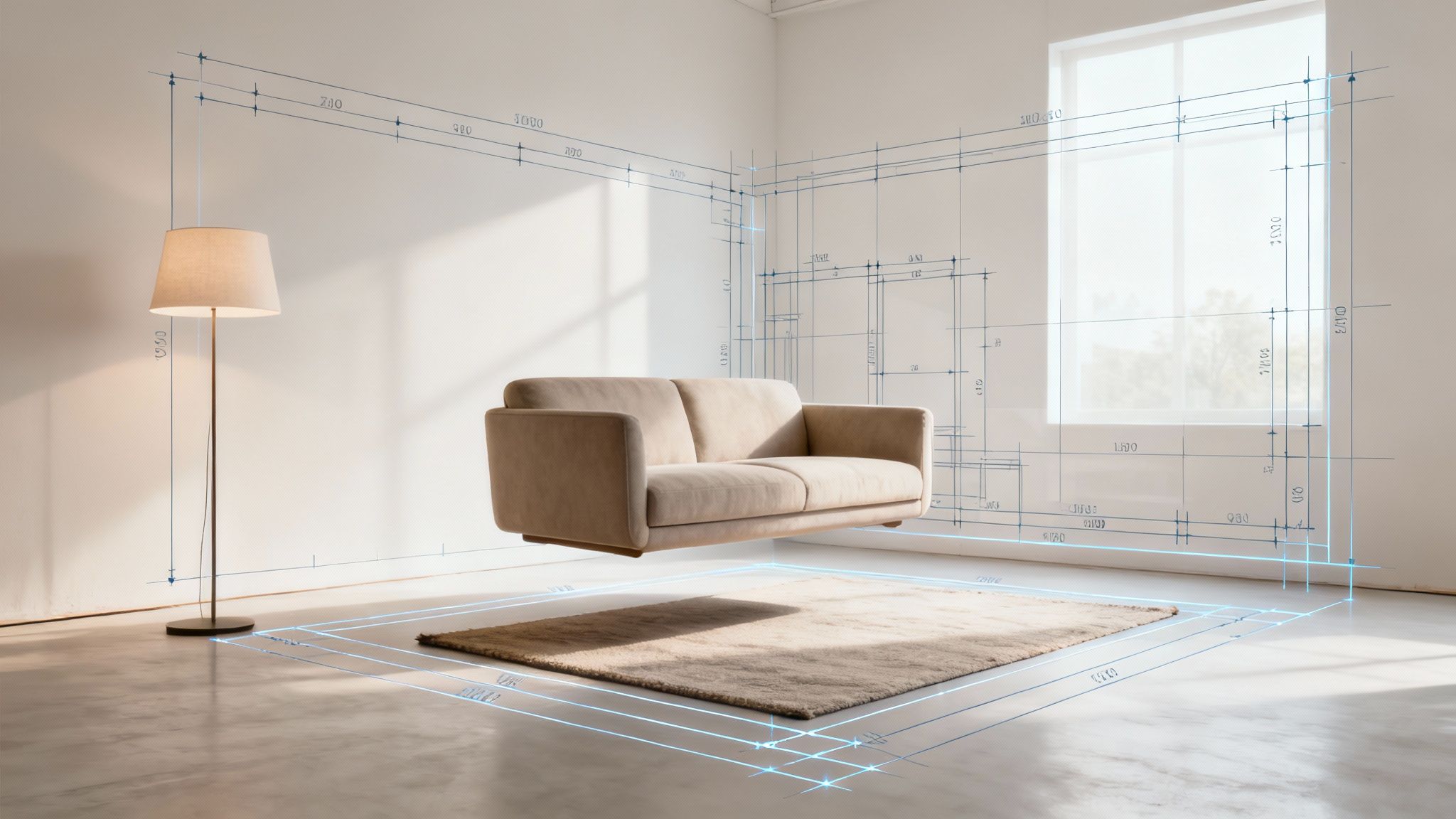 A modern room with a floor lamp, floating sofa, and rug, overlaid with architectural blueprints.