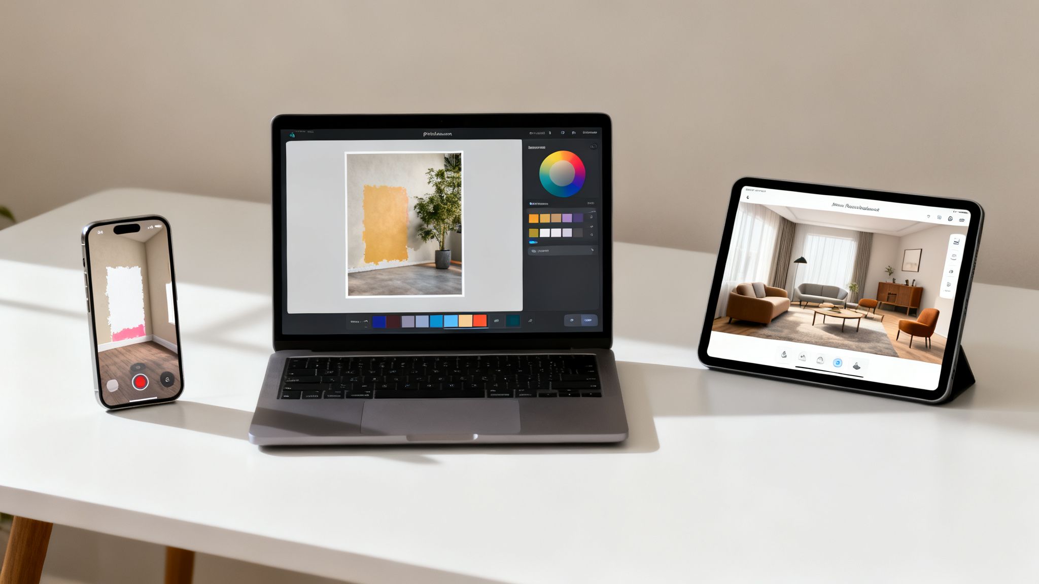 Digital devices showcase modern paint color visualizer and interior design applications on a white desk.