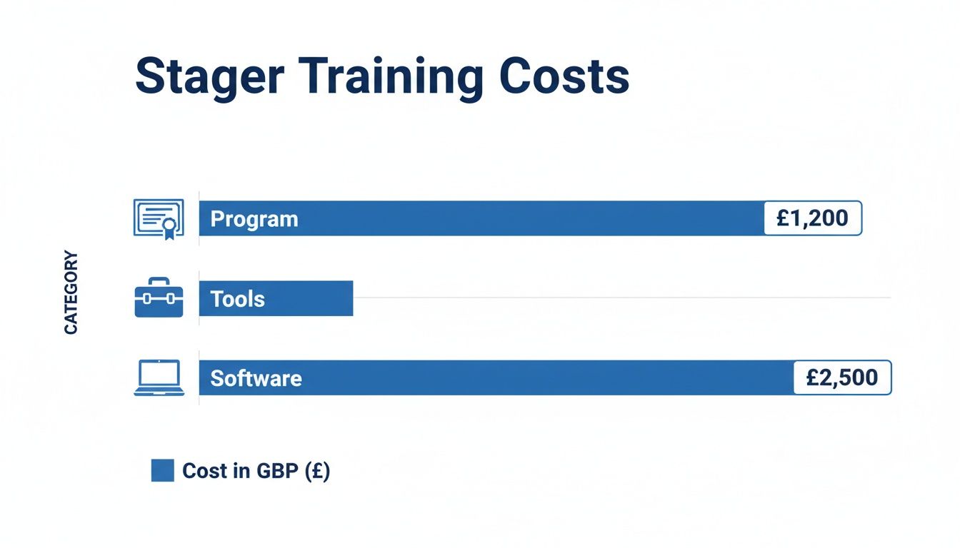 Bar chart displaying stager training costs: Program at £1,200, Software at £2,500, and Tools.