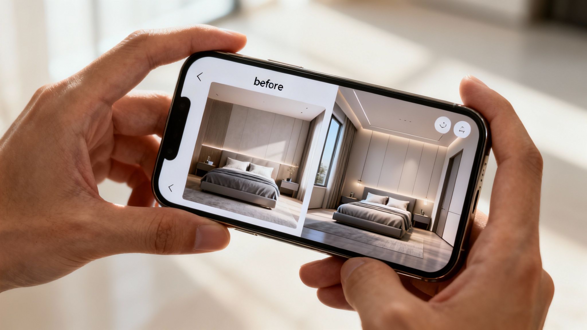A person's hands hold a smartphone displaying AI interior design changes to a modern bedroom.