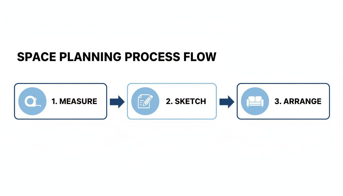 A simple flow diagram outlining a three-step space planning process: Measure, Sketch, Arrange.