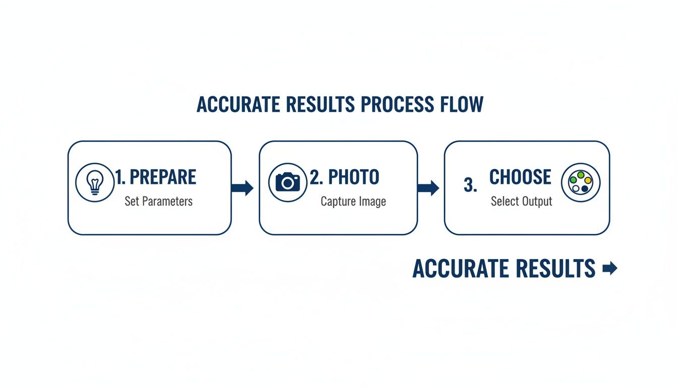 A process flow diagram illustrating three steps for accurate results: Prepare, Photo, and Choose, with corresponding icons.