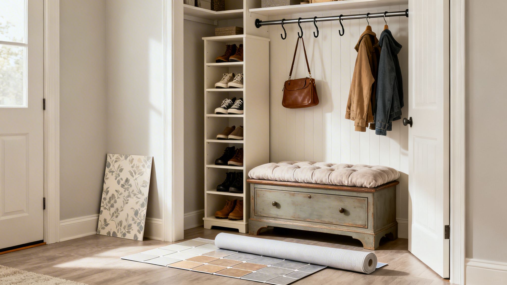 A well-organized mudroom conversion features a white shoe rack, storage bench, and hanging coats.