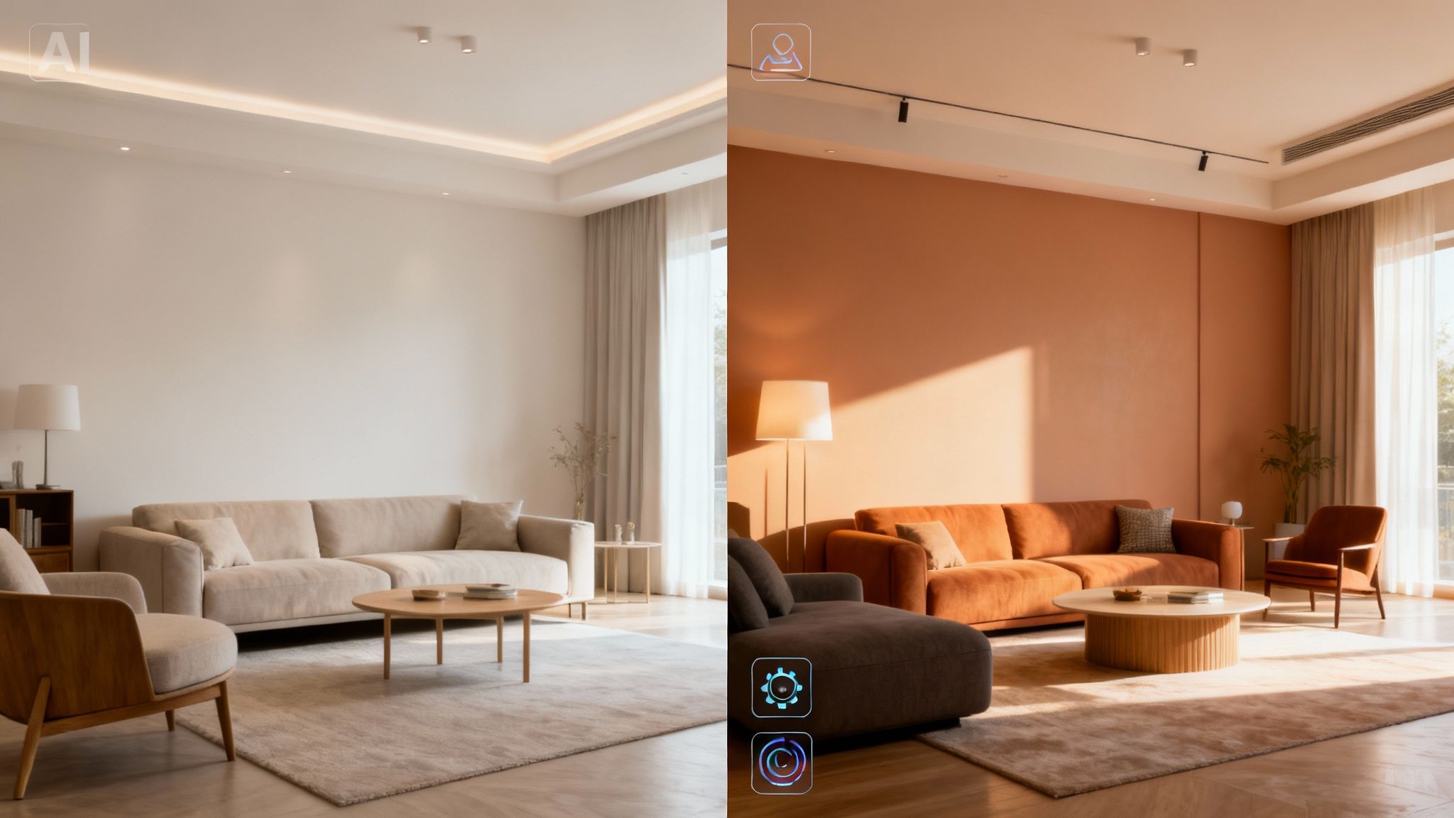 A split screen comparing a modern living room with light decor on the left and warm terracotta on the right.