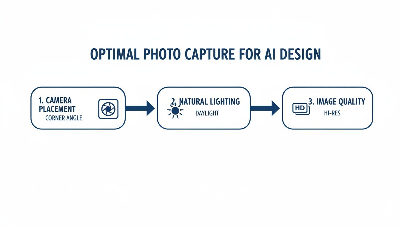 Flowchart detailing optimal photo capture steps for AI design, including camera placement, natural lighting, and image quality.
