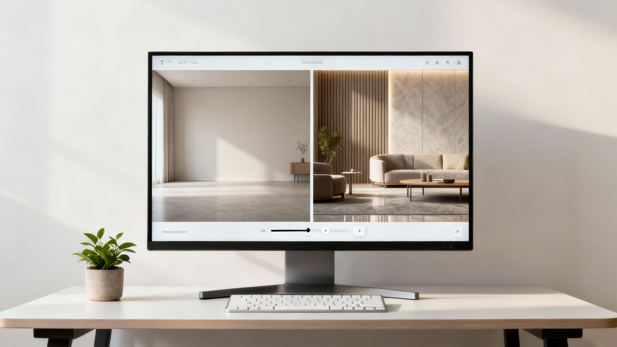 Monitor displaying interior design software comparing an empty room with a fully furnished one.