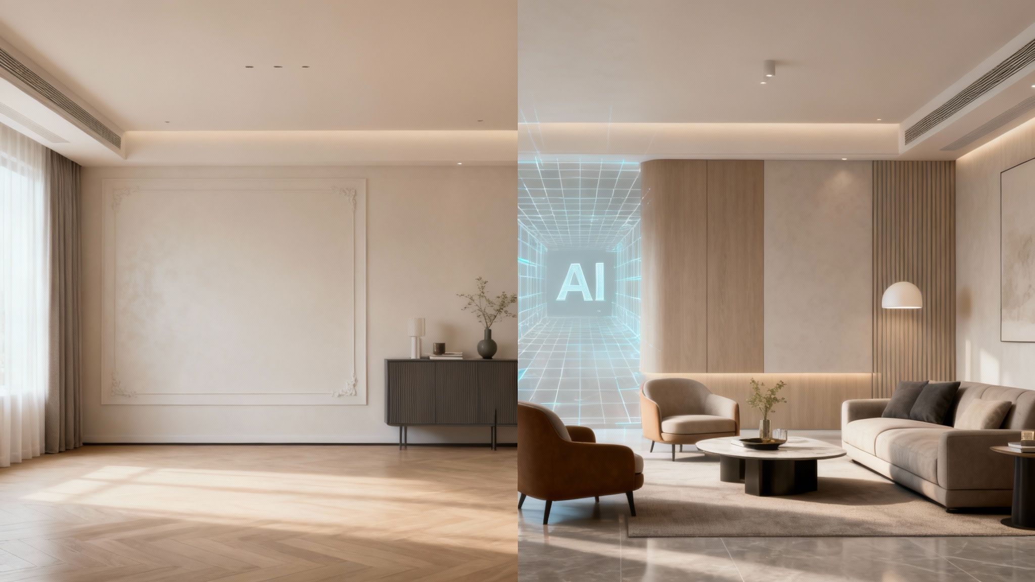A split image showcasing an empty living room on the left and an AI-designed, furnished version on the right.