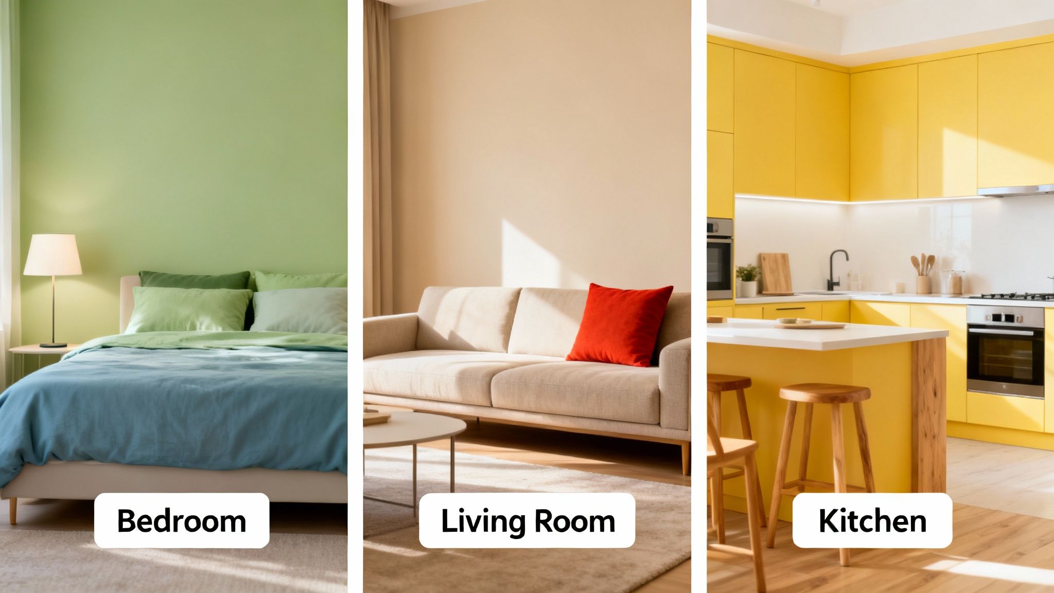 Three modern rooms featuring distinct color palettes: a green bedroom, a beige living room, and a vibrant yellow kitchen.