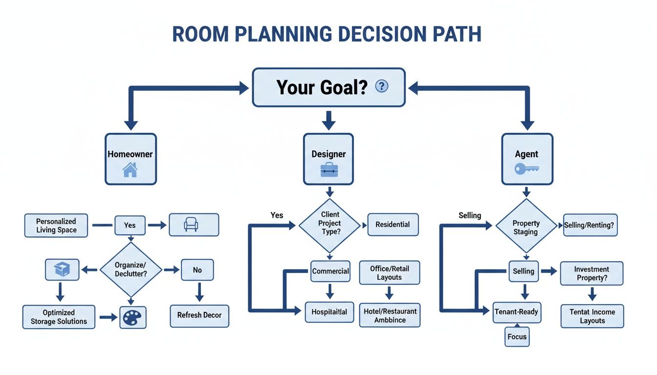 A flowchart outlining room planning decision paths for homeowners, designers, and real estate agents.