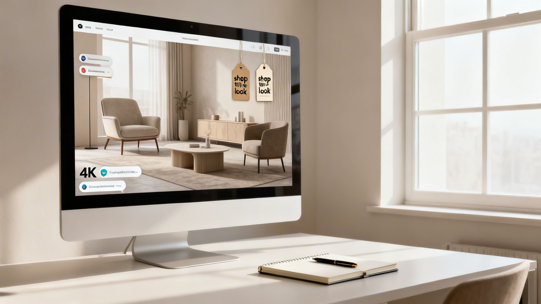 Computer monitor displays AI-generated modern living room interior design on a white desk.