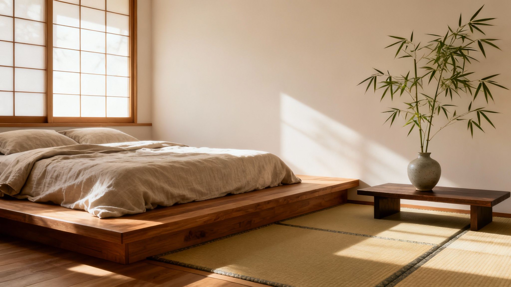 A peaceful Japanese bedroom with a low wooden bed, shoji screen windows, bamboo plant, and tatami mats.