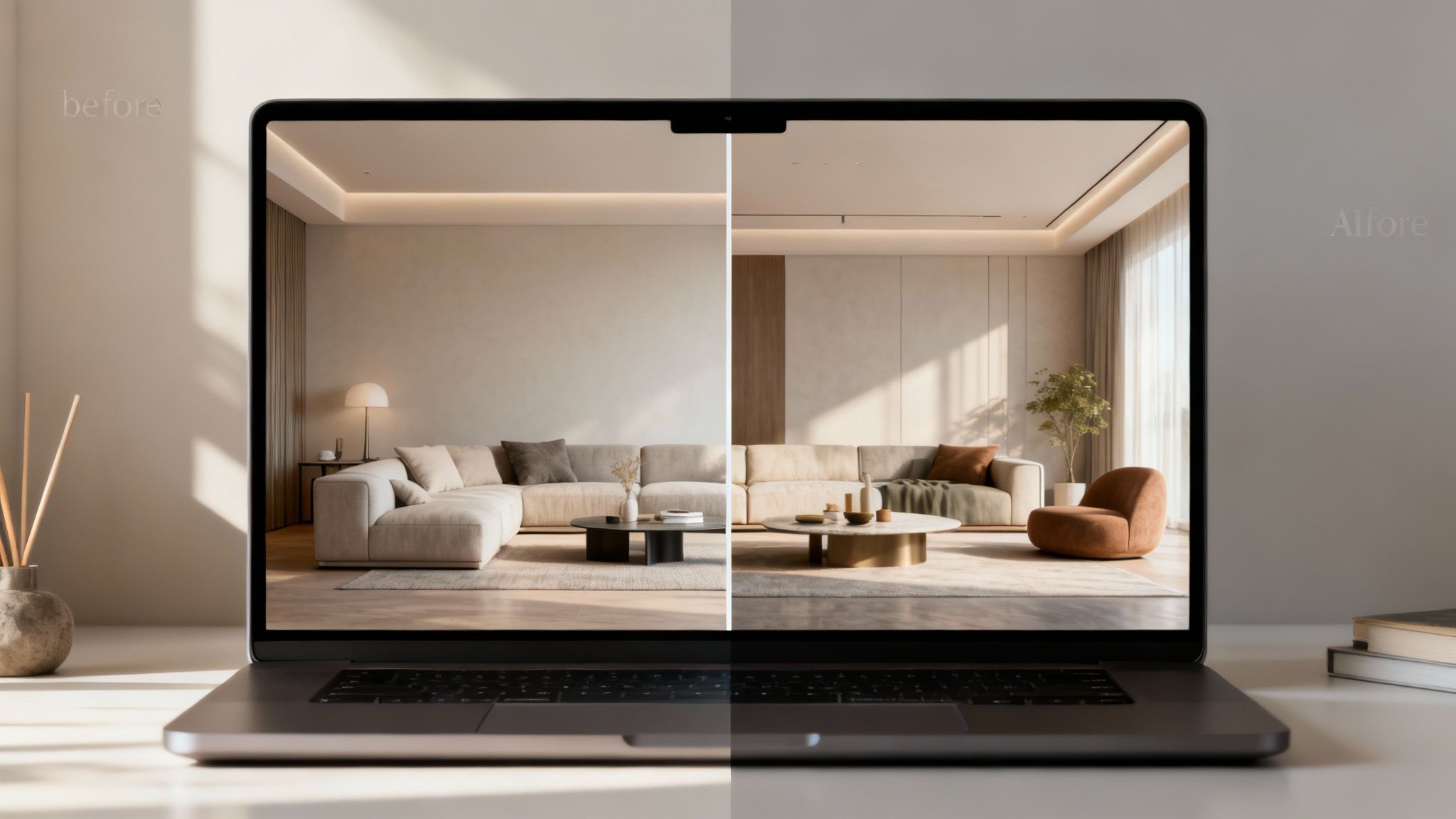 Laptop screen displays a side-by-side comparison of a modern living room, before and after interior design.