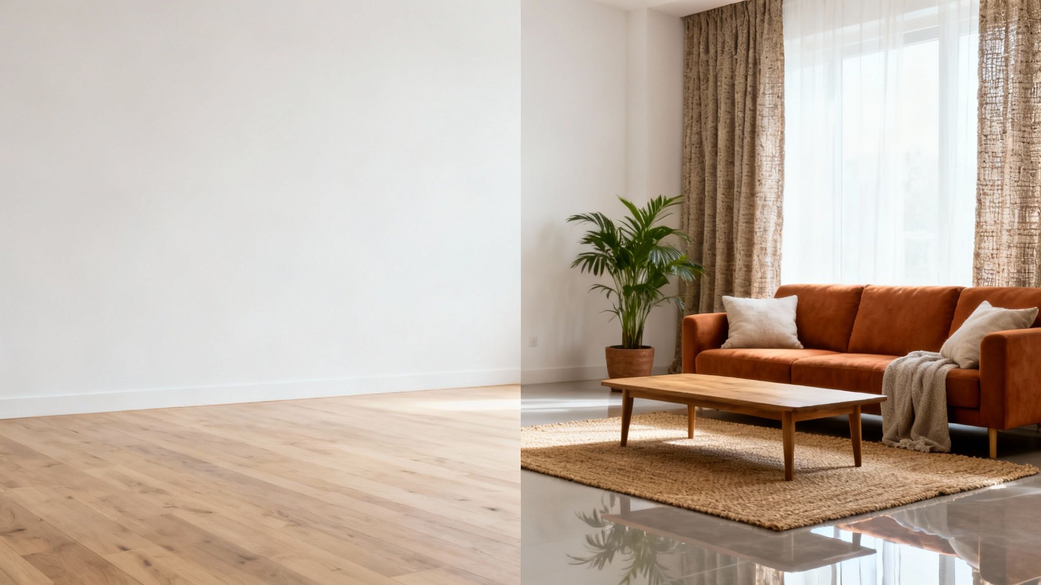 A split image showing an empty room with light wooden floor next to a modern furnished living room.