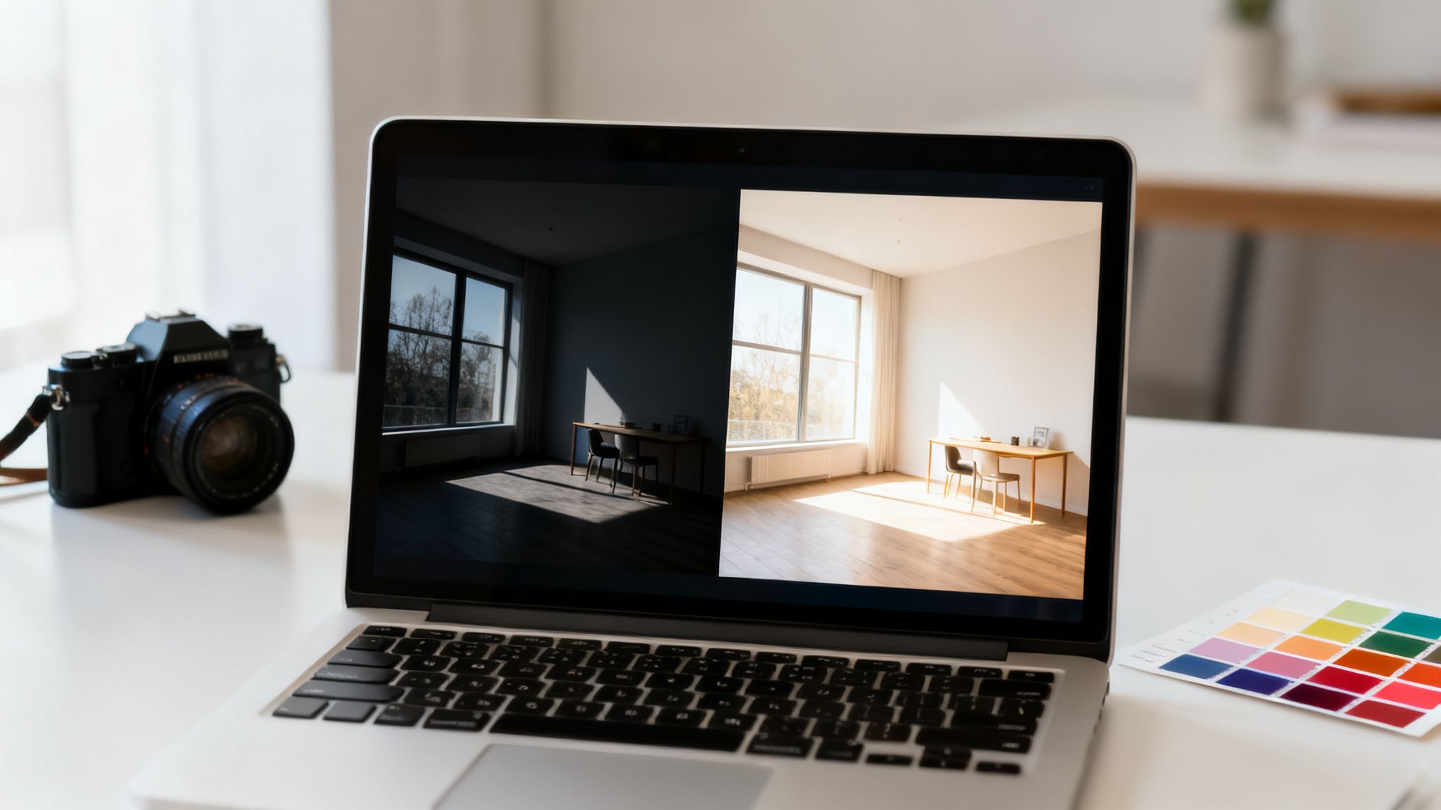 A laptop displays before and after photos of a room, alongside a camera and color palette.