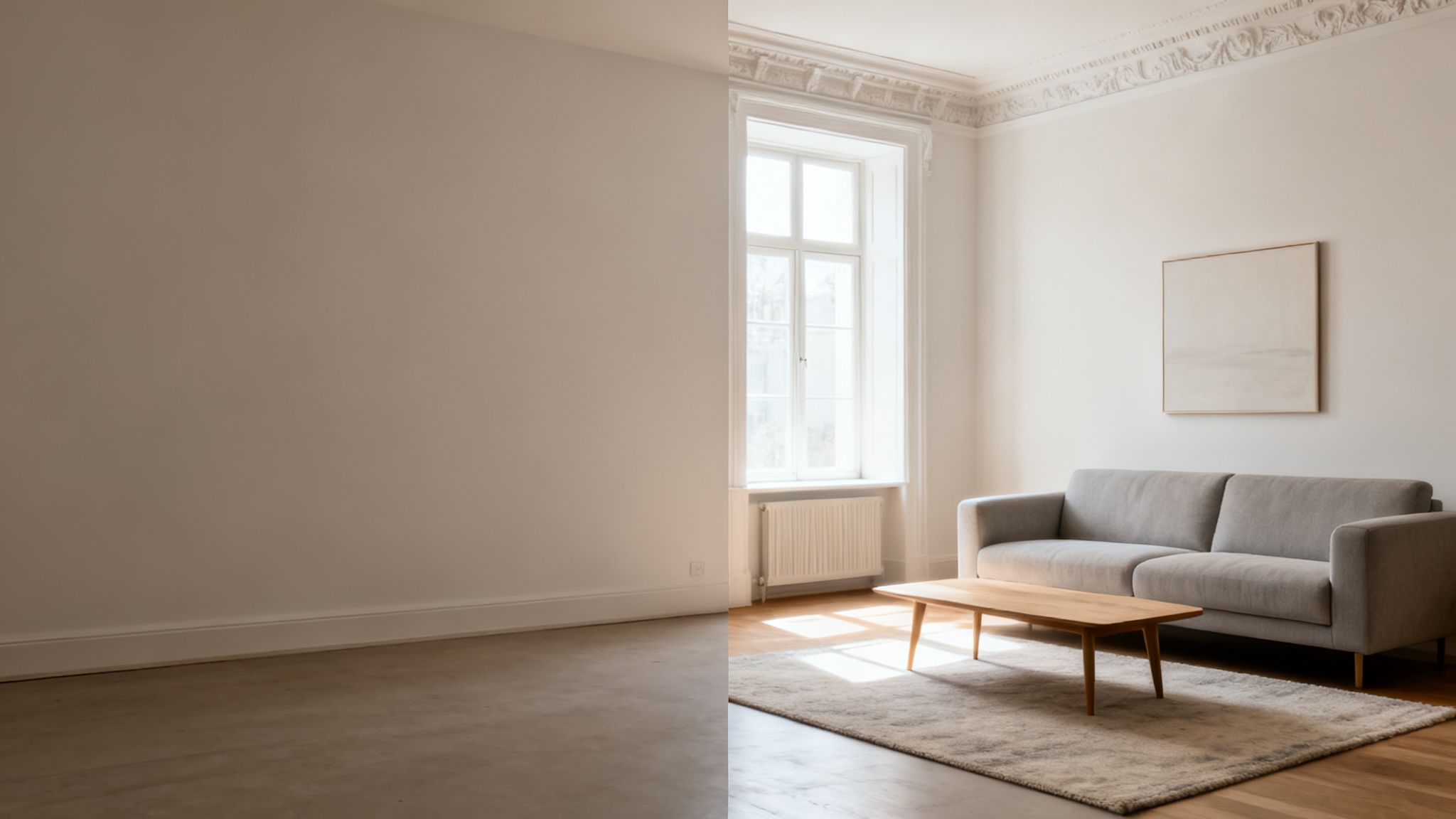 A split image showing an empty room on the left and a furnished, staged room on the right.