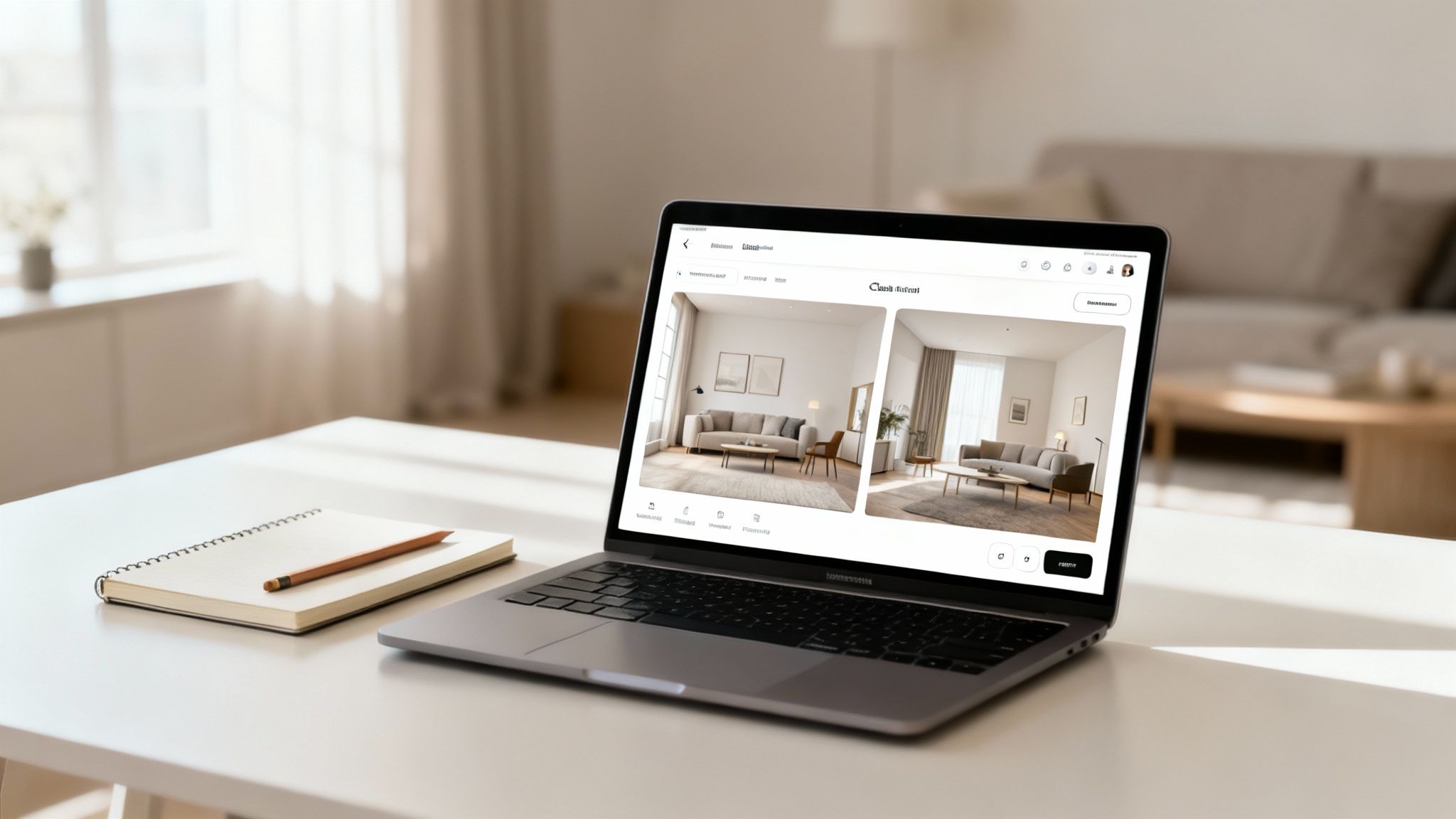 Laptop displaying interior design images from room planning software, with a notebook and pencil on a white desk.