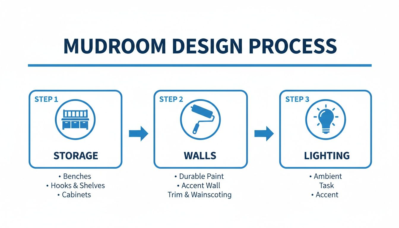 A mudroom design process infographic outlining three steps: storage, walls, and lighting.