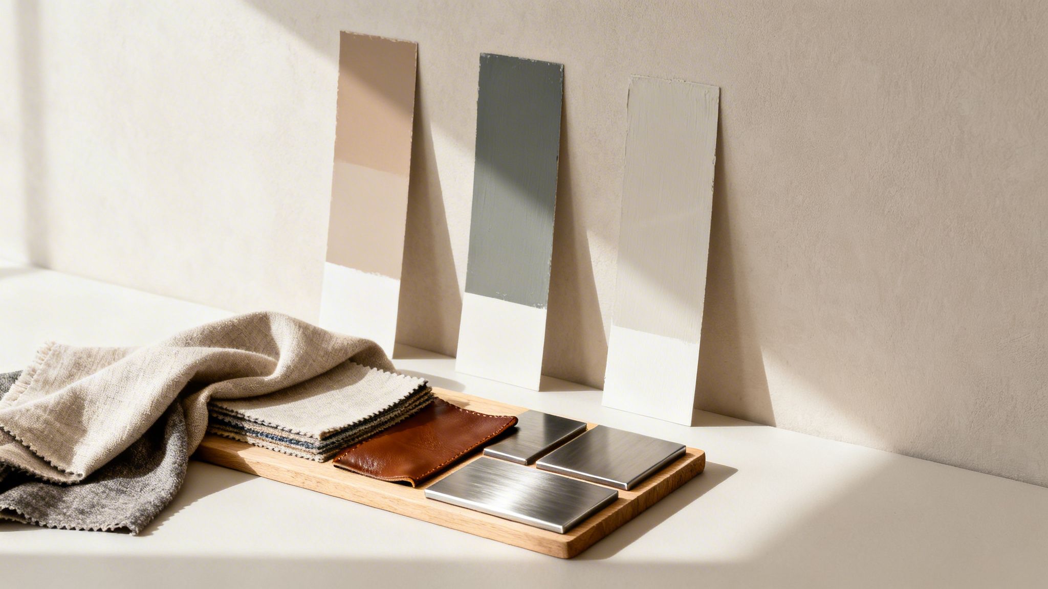 Various interior design material samples, including fabric, leather, metal, and paint swatches.
