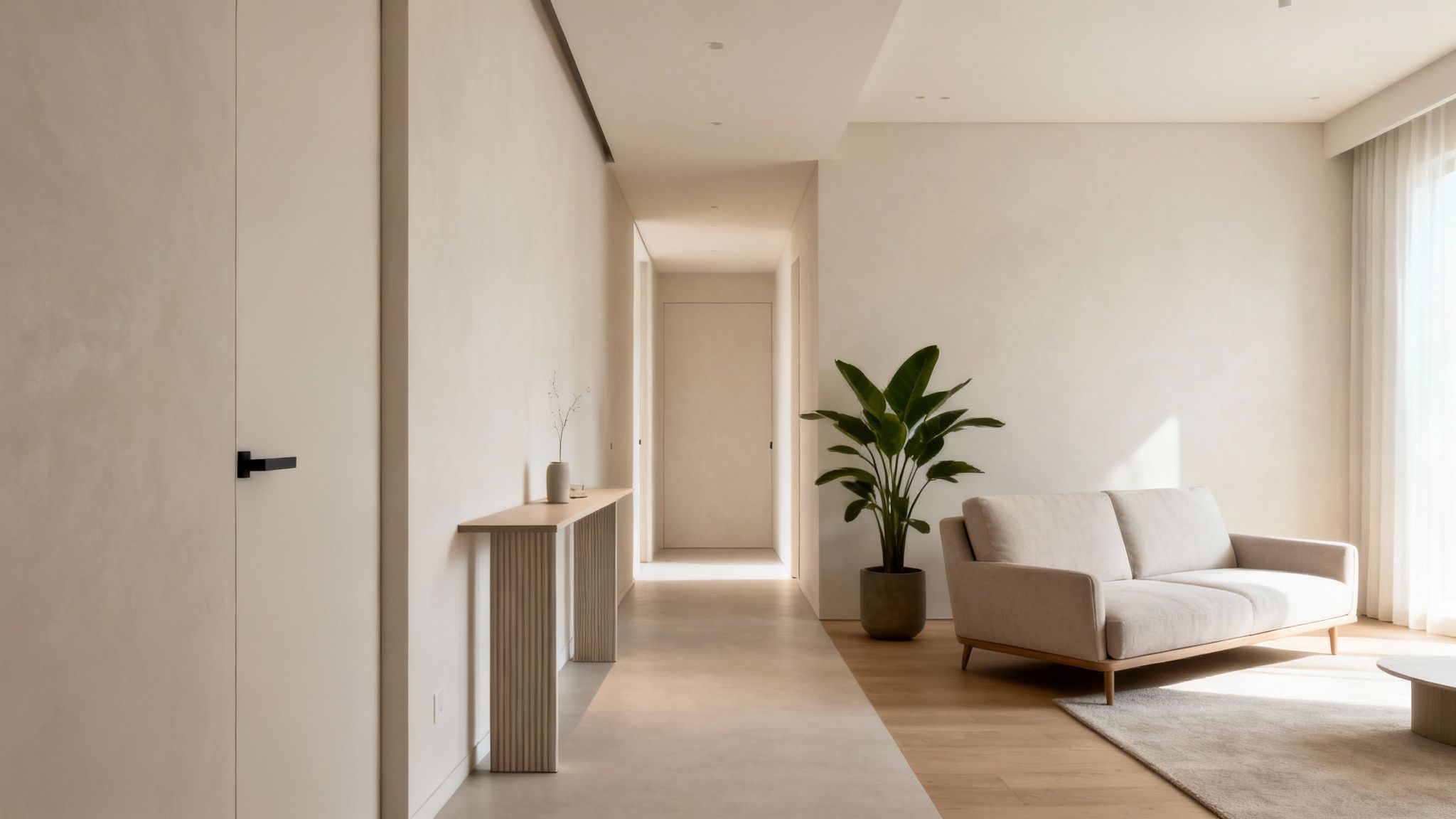 Modern minimalist interior design featuring a beige sofa, a hallway, and a potted plant.