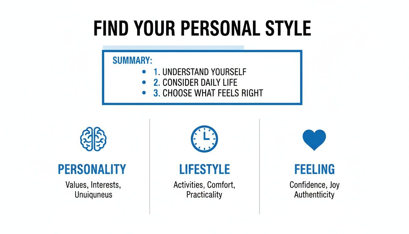 An infographic detailing steps to find your personal style by considering personality, lifestyle, and feelings.