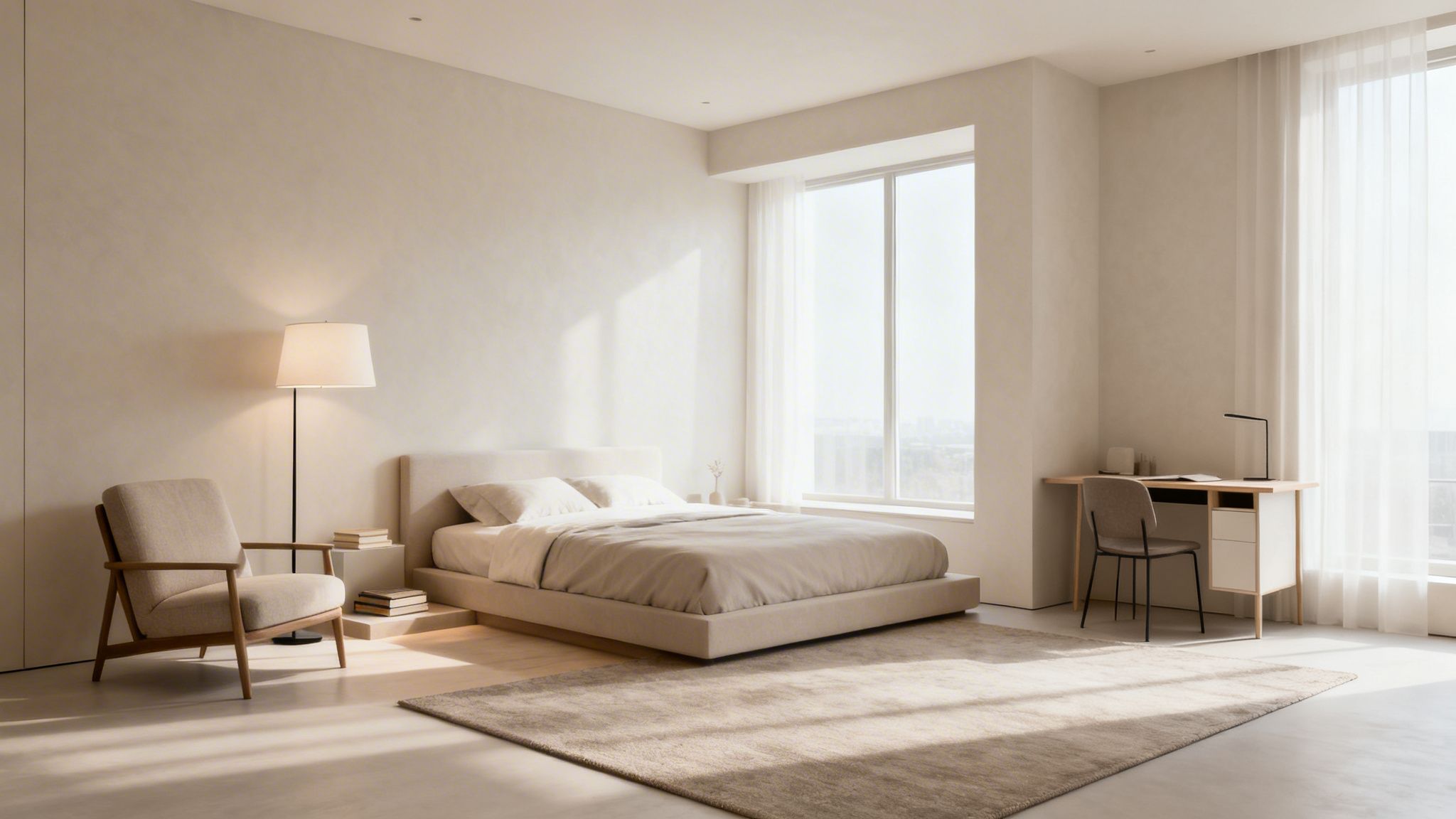 A serene, minimalist bedroom with a beige bed, armchair, desk, and large windows.