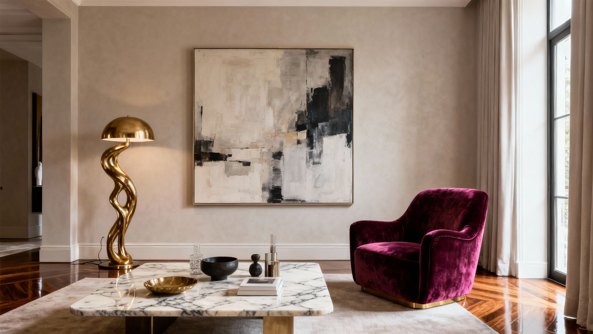 A luxurious modern living room with an abstract painting, gold floor lamp, and velvet armchair.