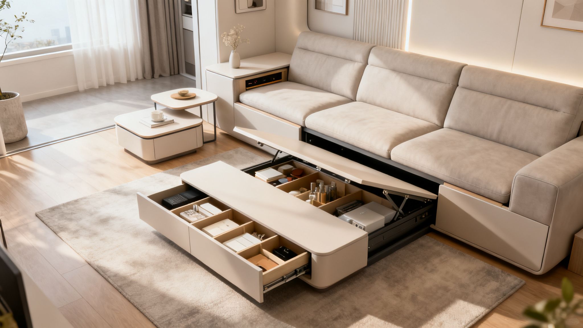 A minimalist living room featuring a beige sofa with hidden compartments and a coffee table with drawers.