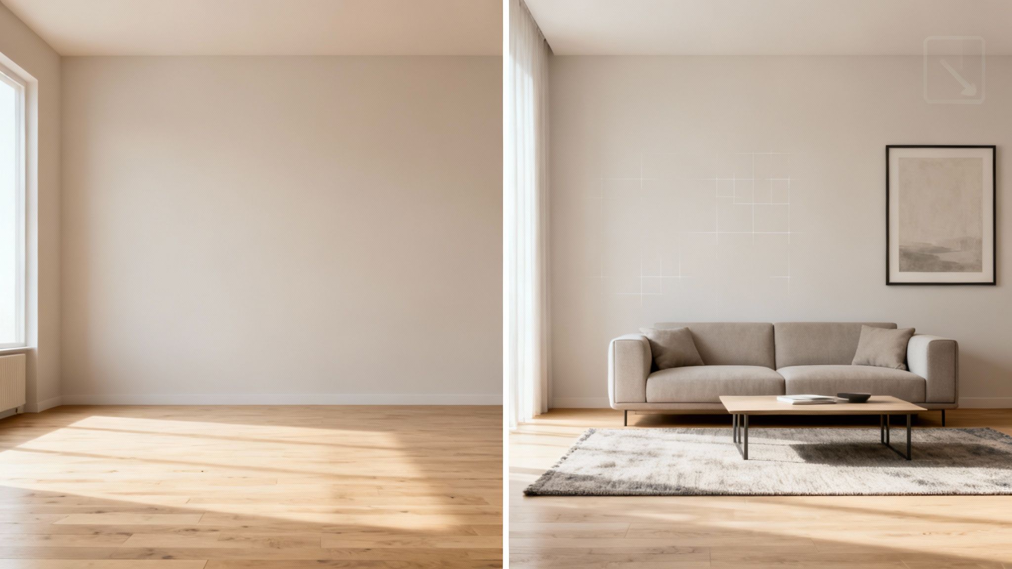 Before and after comparison of an empty room transformed into a modern living room.