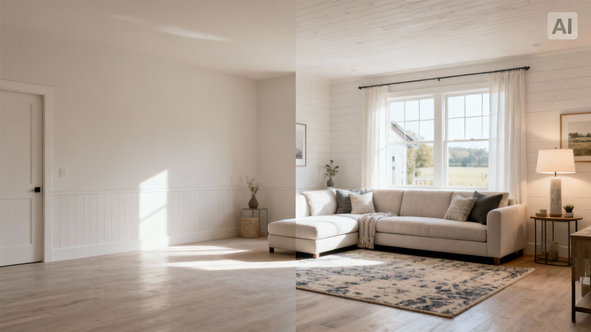 An empty room on the left, transformed into a cozy living space on the right by AI design.