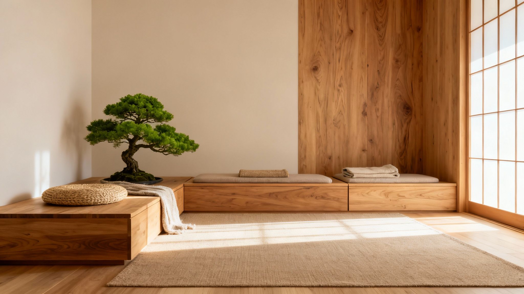 A tranquil, minimalist room with a bonsai tree, wooden bench seating, and a shoji screen window.
