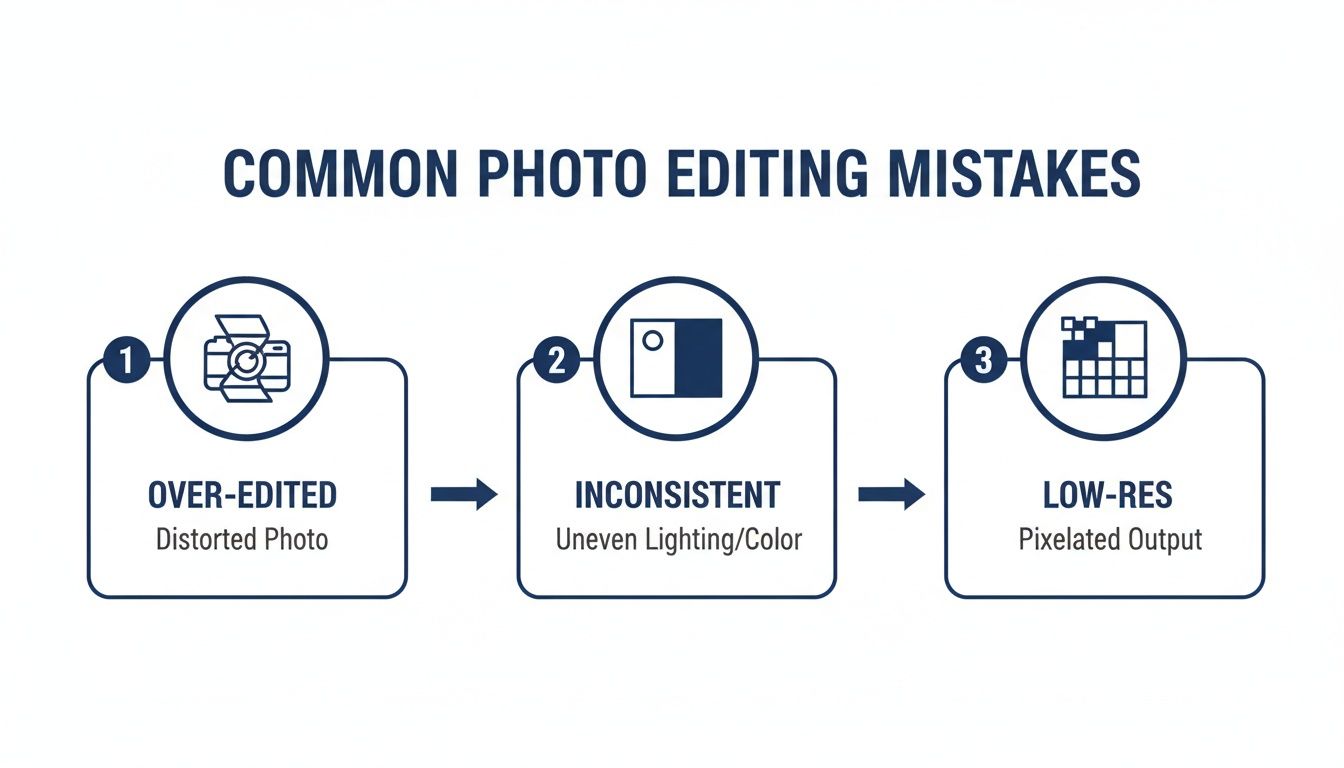 Infographic illustrating common photo editing mistakes: over-edited, inconsistent lighting/color, and low-resolution output.