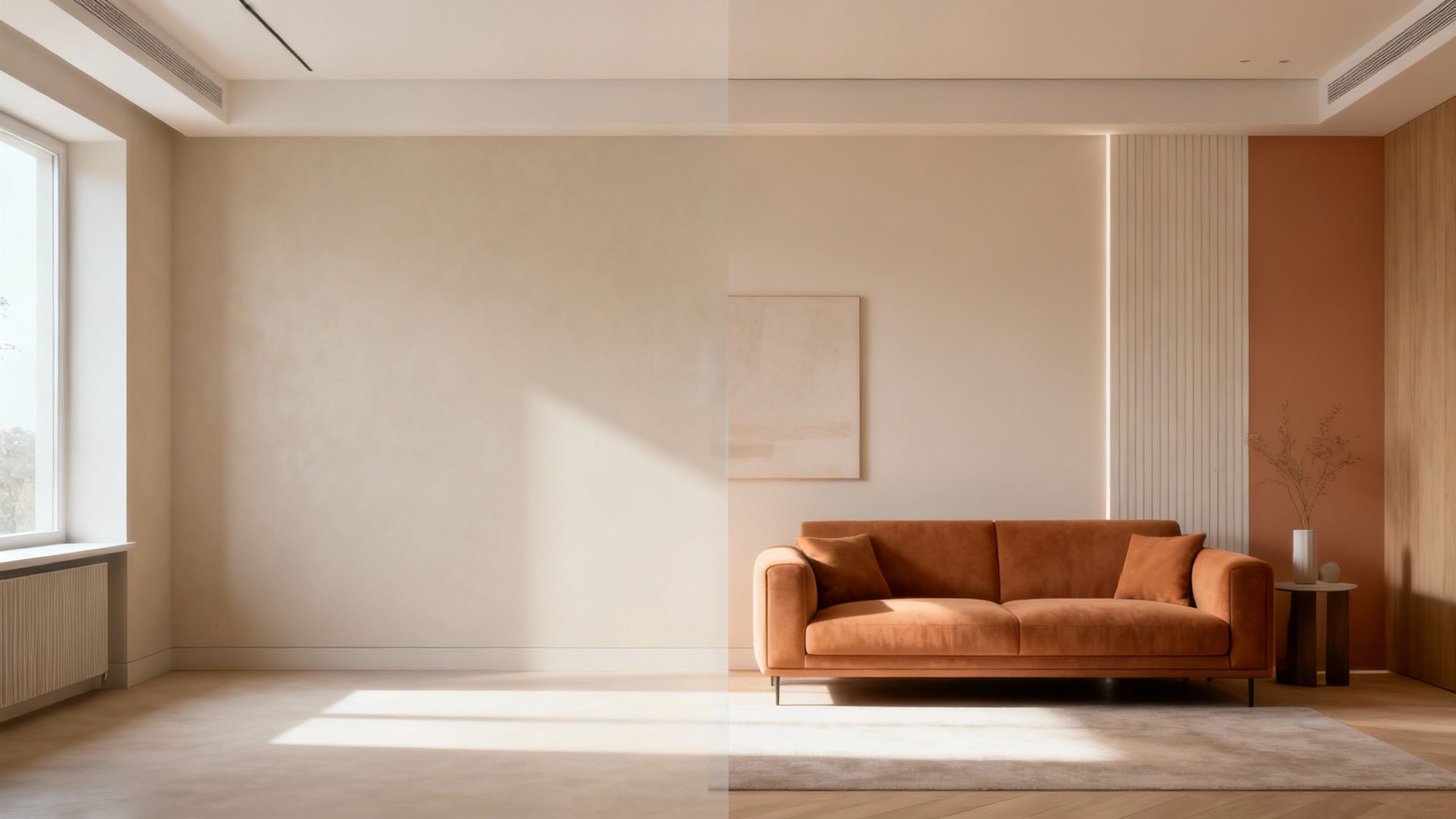 A minimalist living room with a warm orange sofa, a large window, and subtle wall art.