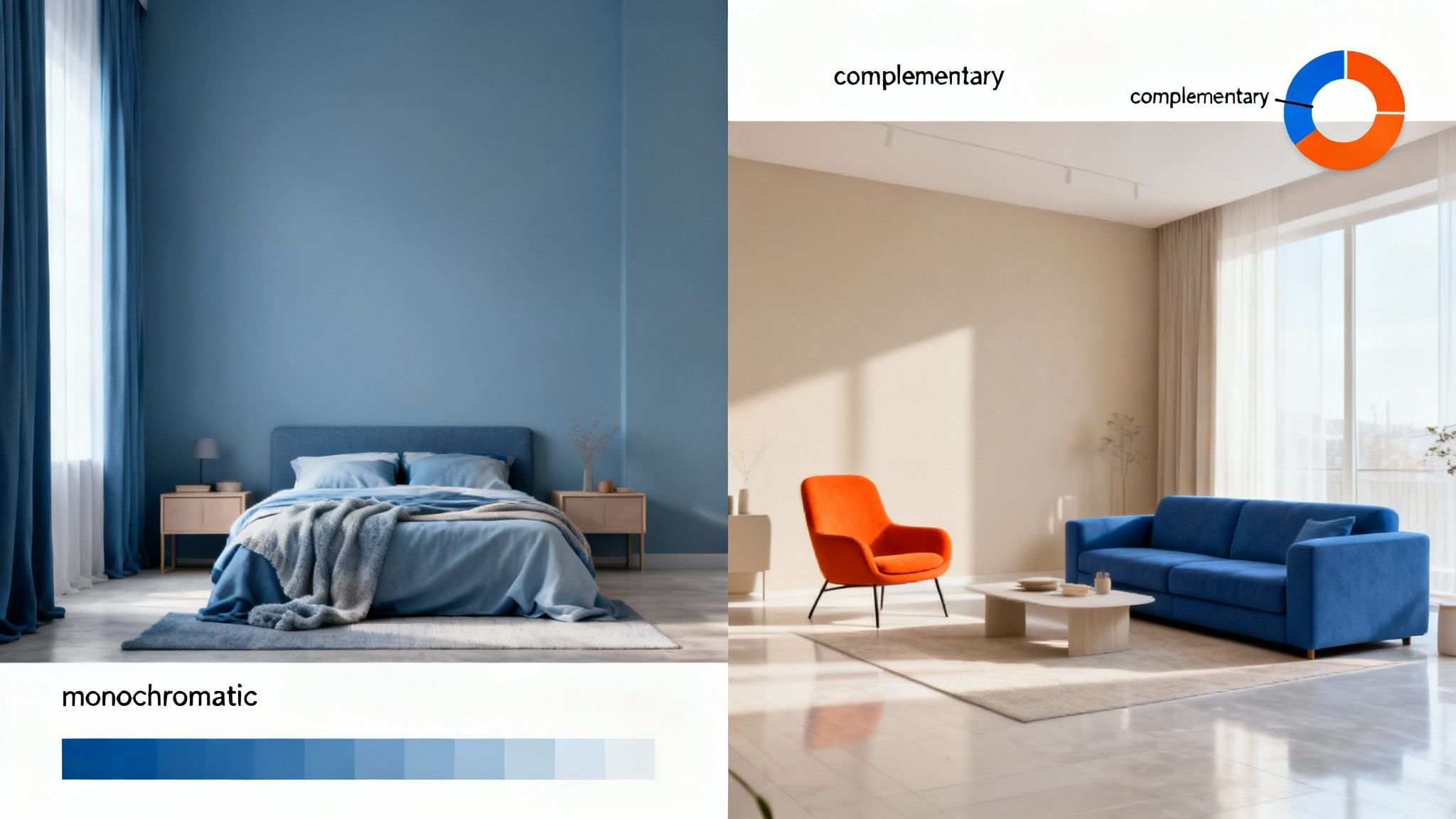 Two room interiors demonstrating color schemes: a blue monochromatic bedroom and a living room with complementary blue and orange accents.