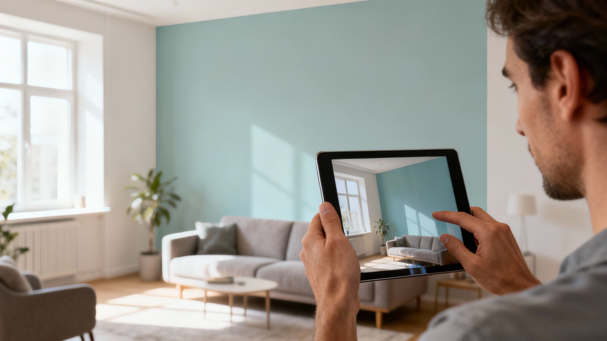 Man uses a tablet with augmented reality app to visualize new blue paint color in his living room.
