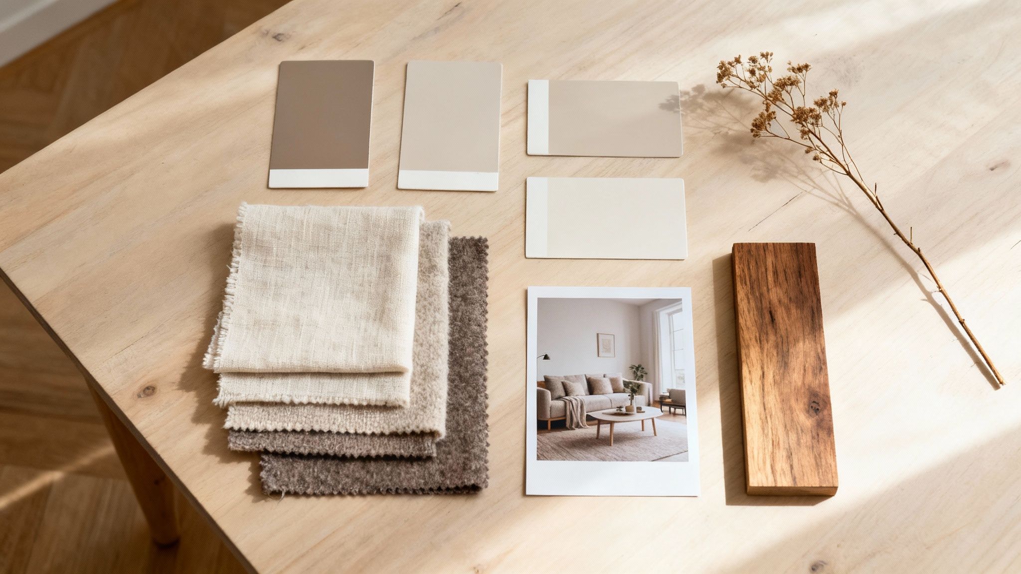 A flat lay of interior design samples including neutral paint swatches, fabric, a living room photo, and wood.