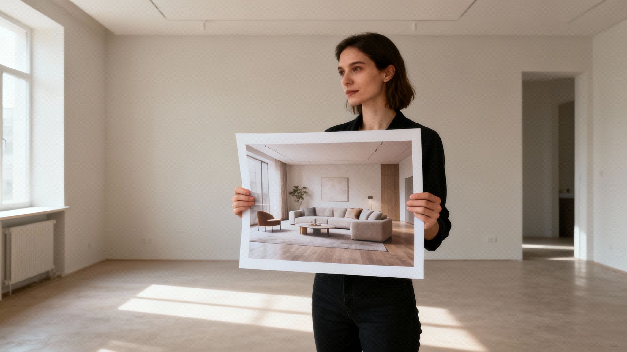 A woman in an empty room holds a photo displaying a modern, furnished living room design.