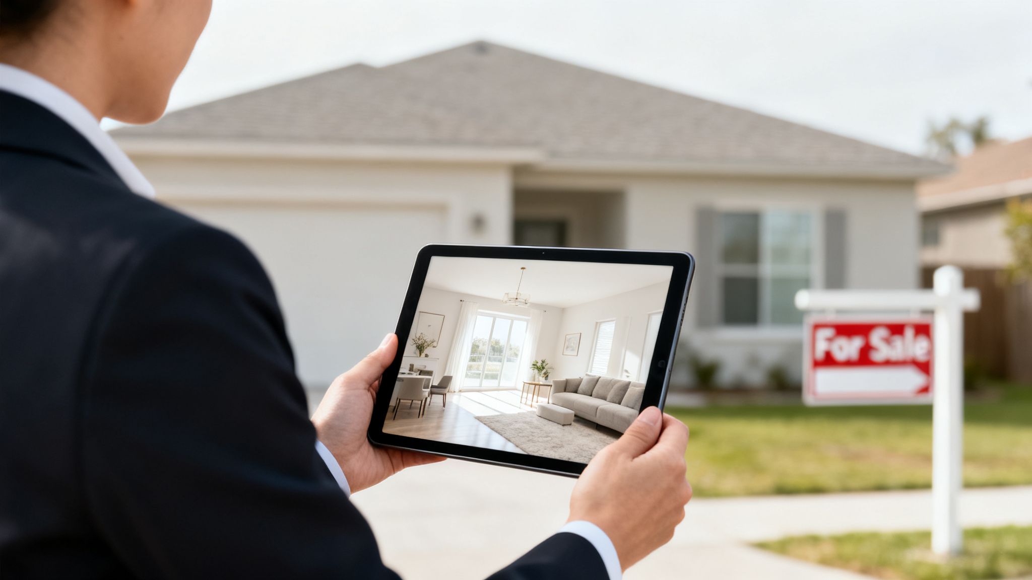 Person in suit holds tablet showing modern living room, with a 'For Sale' house in background.