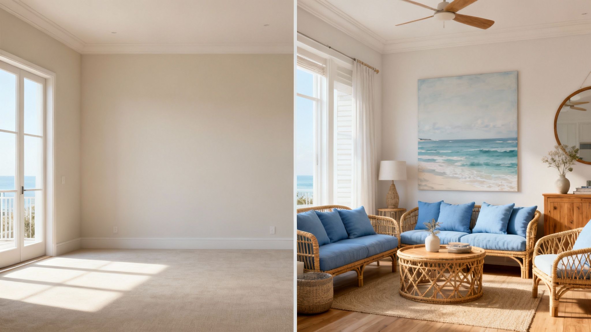 A before and after image showing an empty room transformed into a stylish coastal living room.