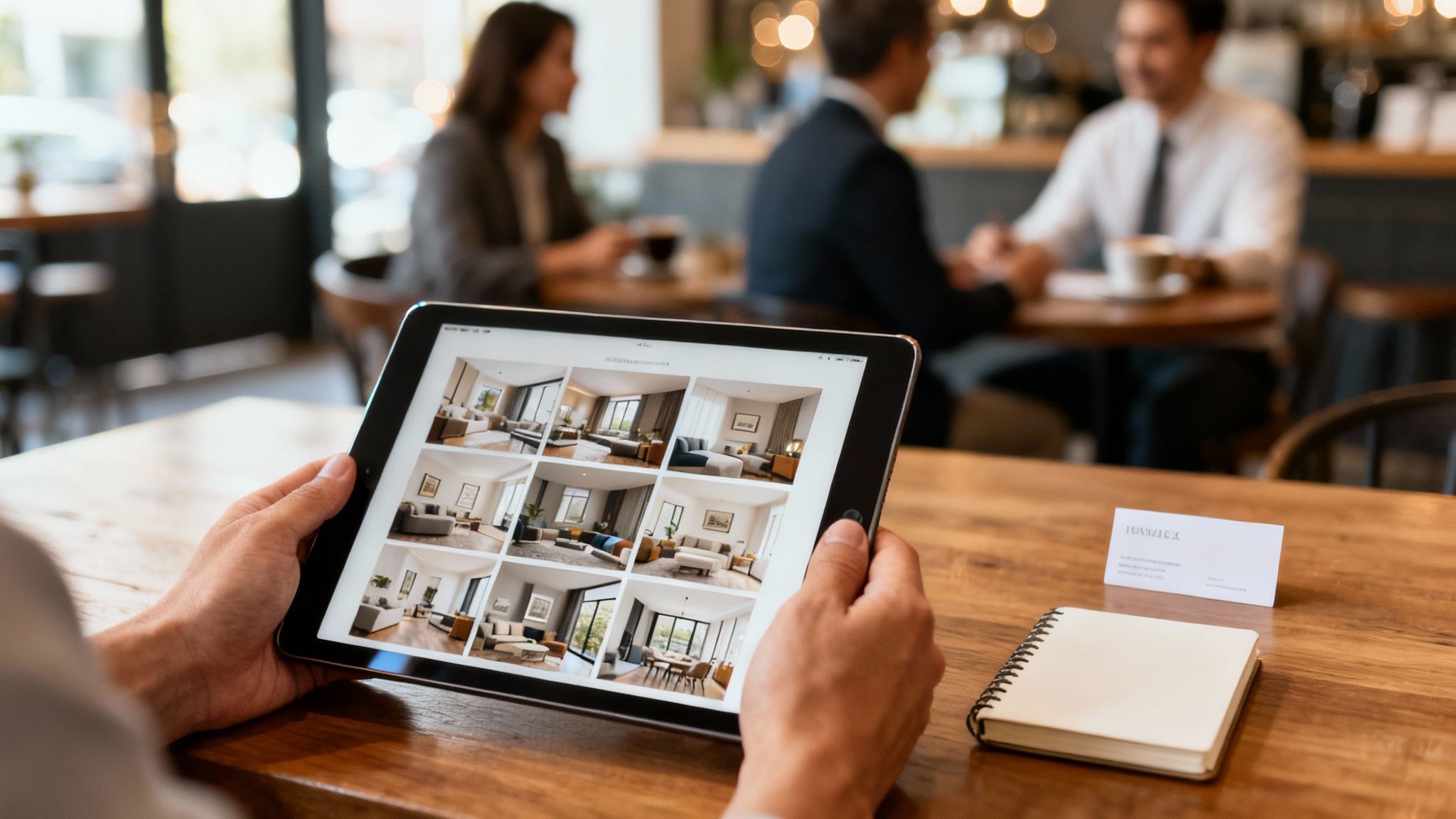 Hands holding a tablet displaying multiple home staging photos, with a notebook and business card on a wooden table.