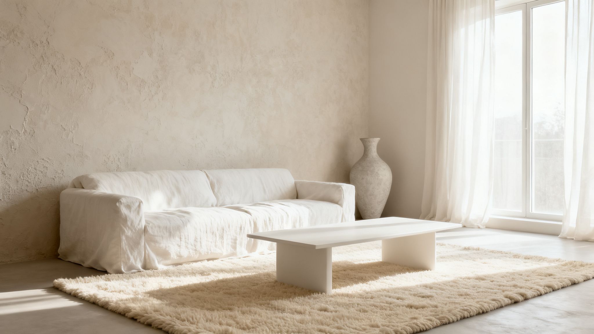 Bright minimalist living room featuring a white sofa, coffee table, rug, and textured wall.