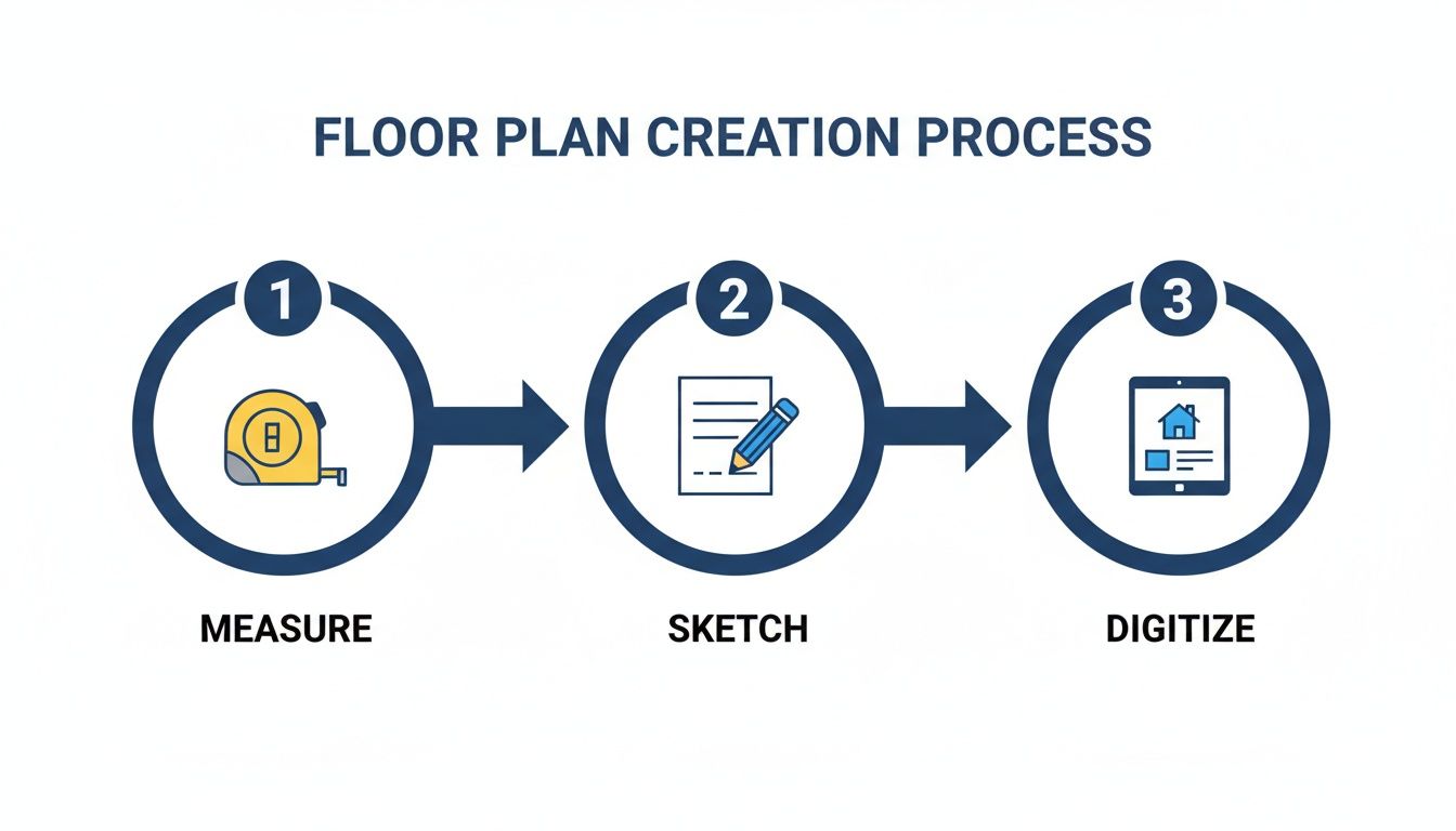 A diagram illustrating the three-step floor plan creation process: measure, sketch, and digitize.