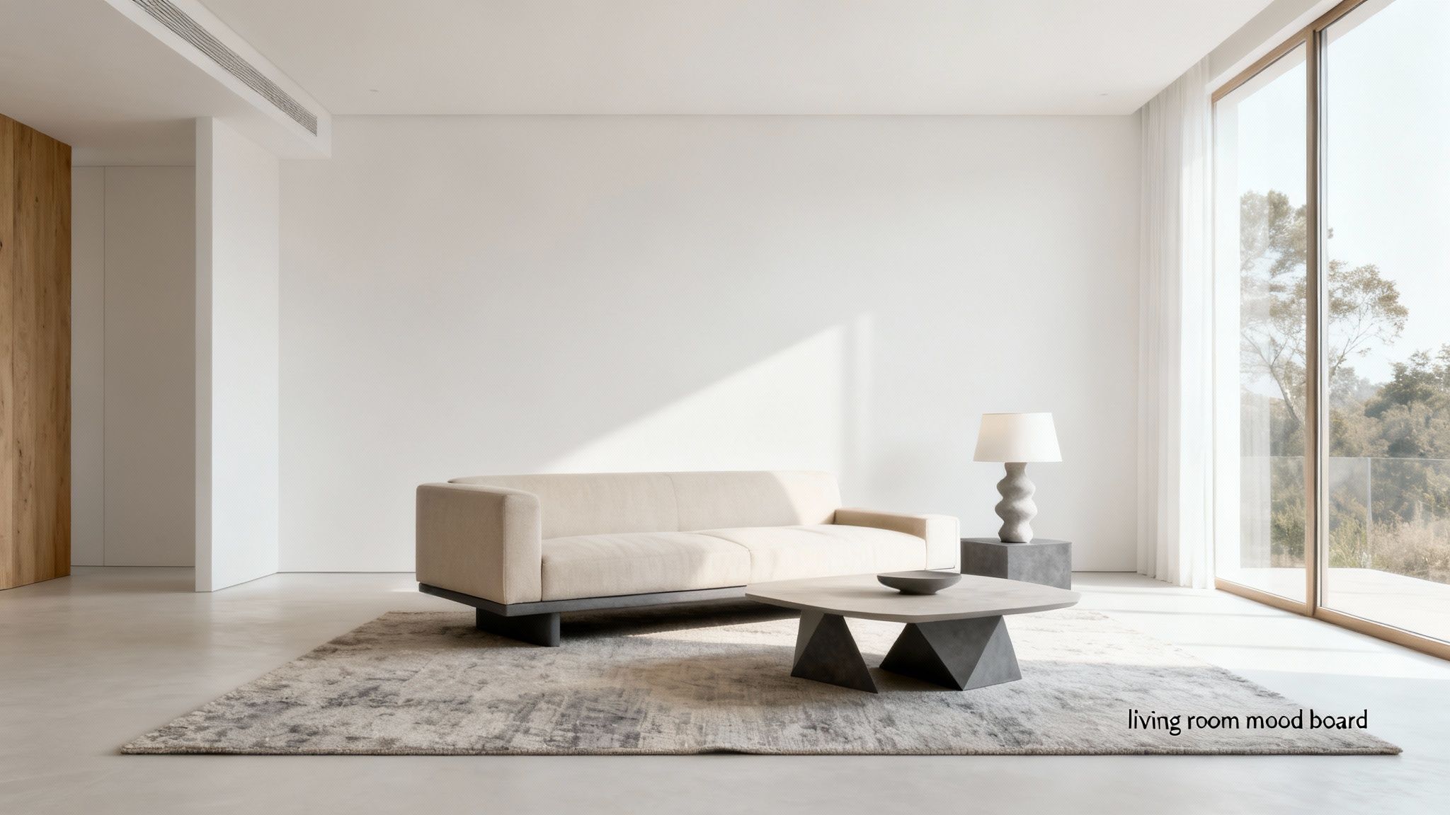 A minimalist living room mood board featuring a neutral color palette, a single low-profile sofa, and clean geometric lines.