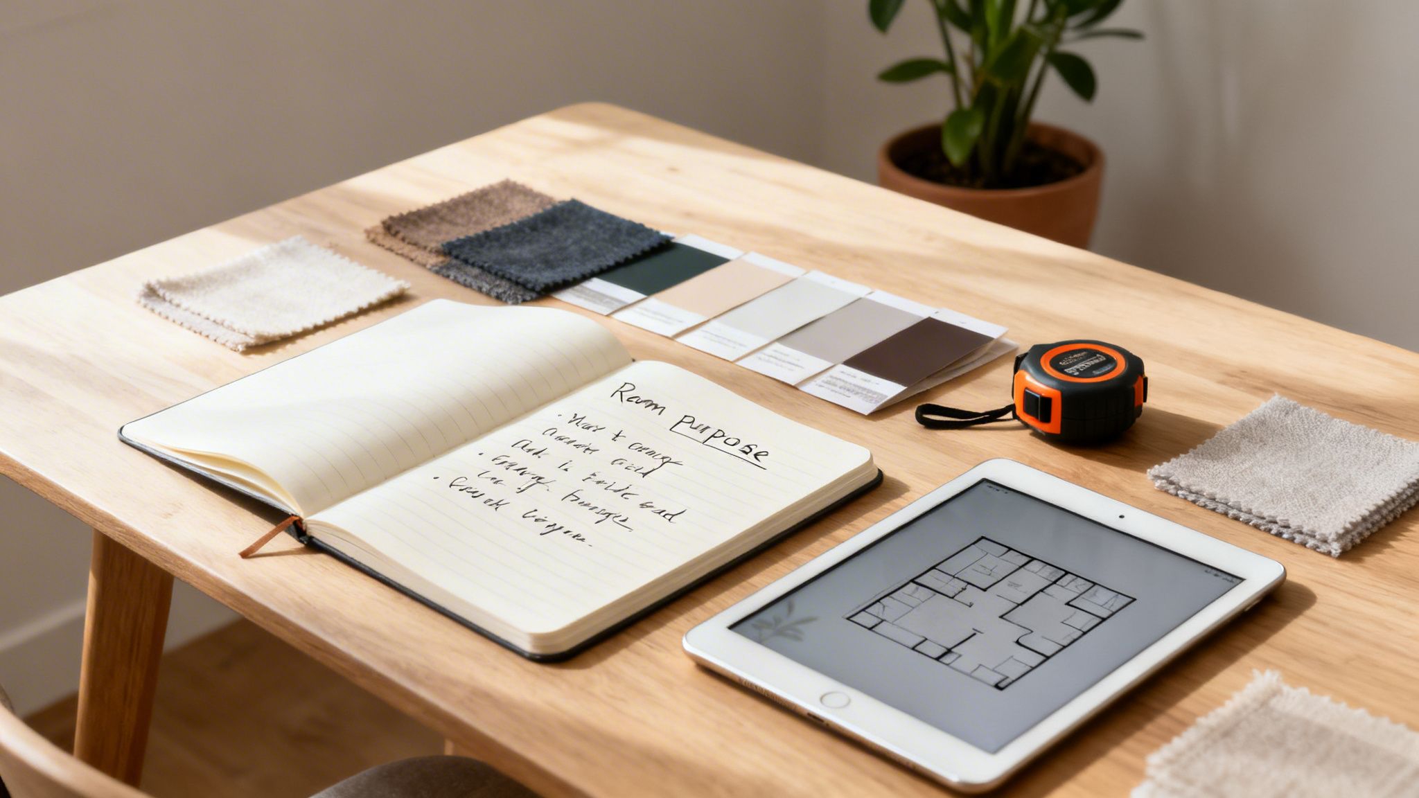 Interior design inspiration with a notebook, fabric swatches, color palette, and floor plan on a tablet.