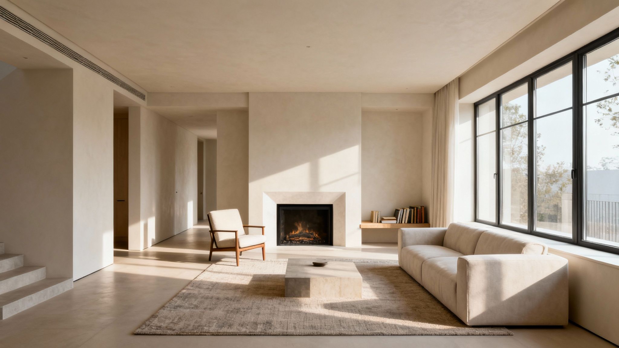 A modern, minimalist living room with neutral tones, a fireplace, large windows, and contemporary furniture.